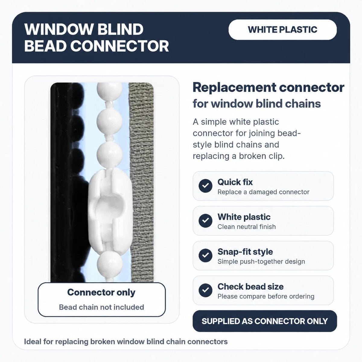 white 4.5mm No.10 beaded roller blind chain connector repair clips (image 2)